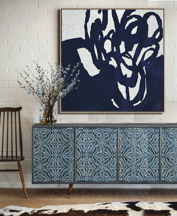 Large Canvas Art,Modern Art Abstract Painting,Hand-Painted Oversized Minimalist Navy Blue And White Painting,Hand-Painted Canvas Art
